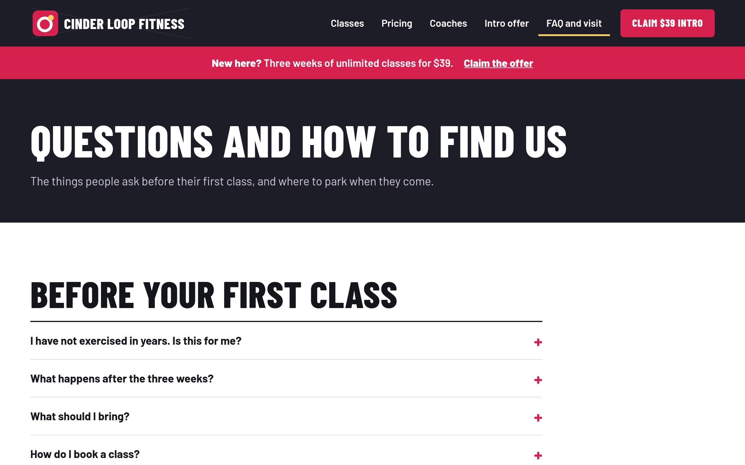 Cinder Loop Fitness frequently asked questions page