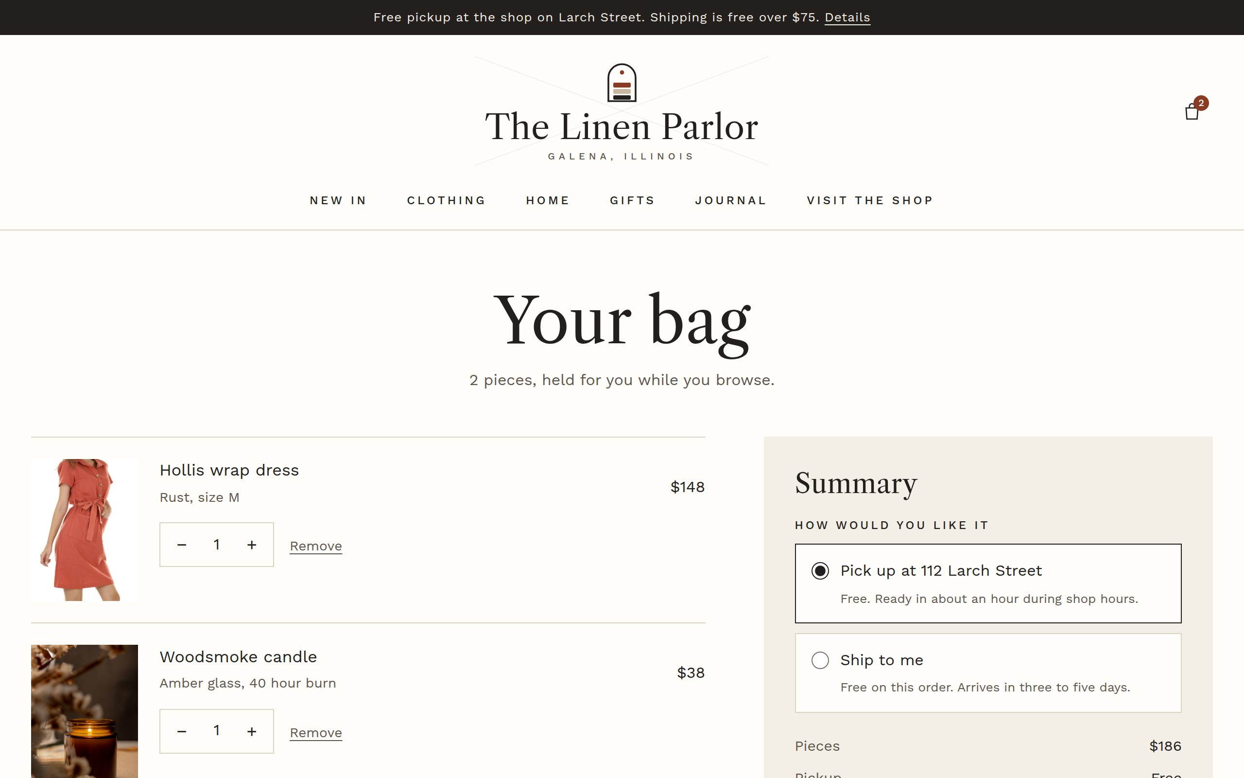 The Linen Parlor cart page