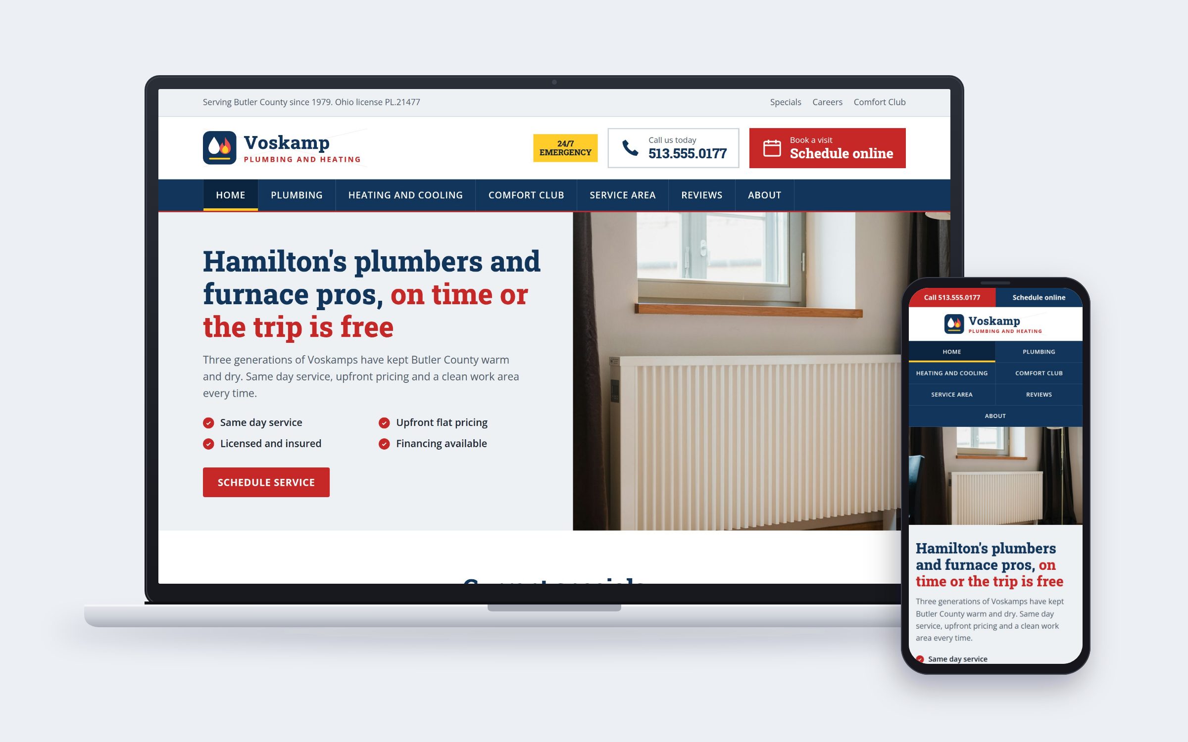 Voskamp Plumbing and Heating website on desktop and mobile devices