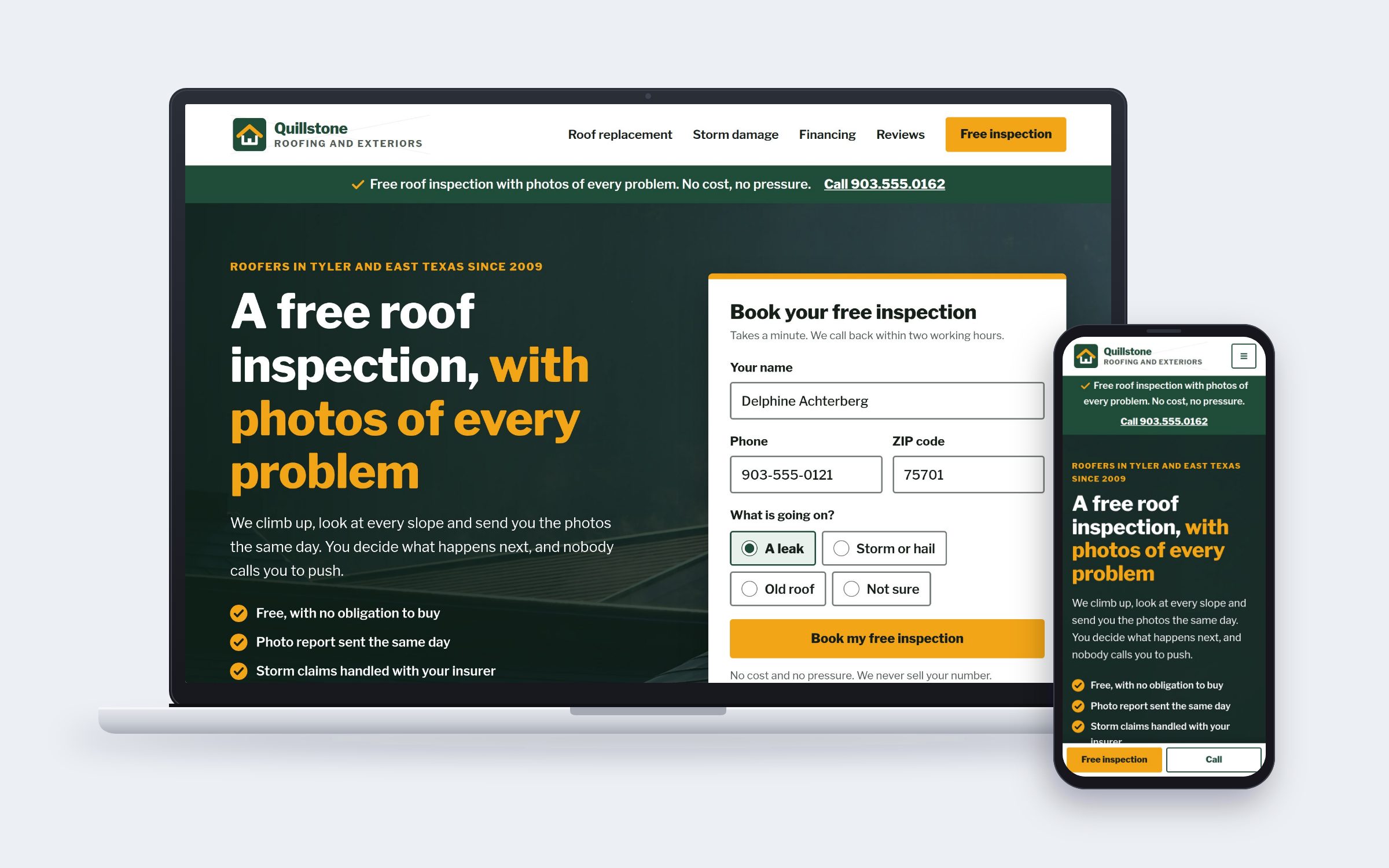 Quillstone Roofing and Exteriors website on desktop and mobile devices