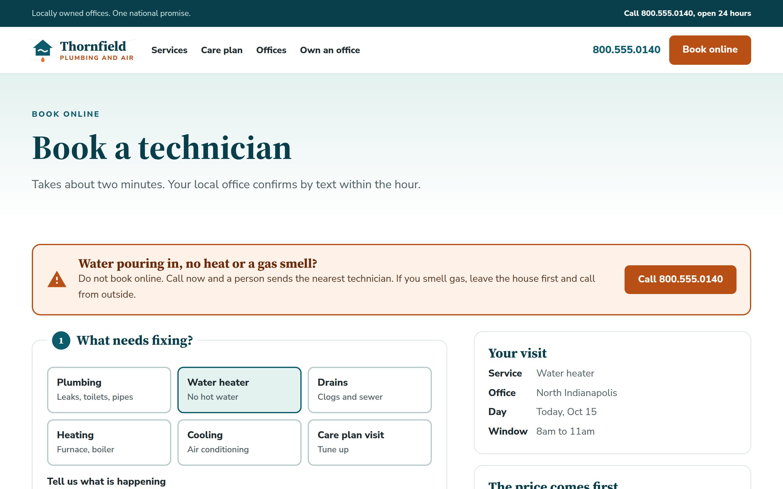 Thornfield Plumbing and Air booking page