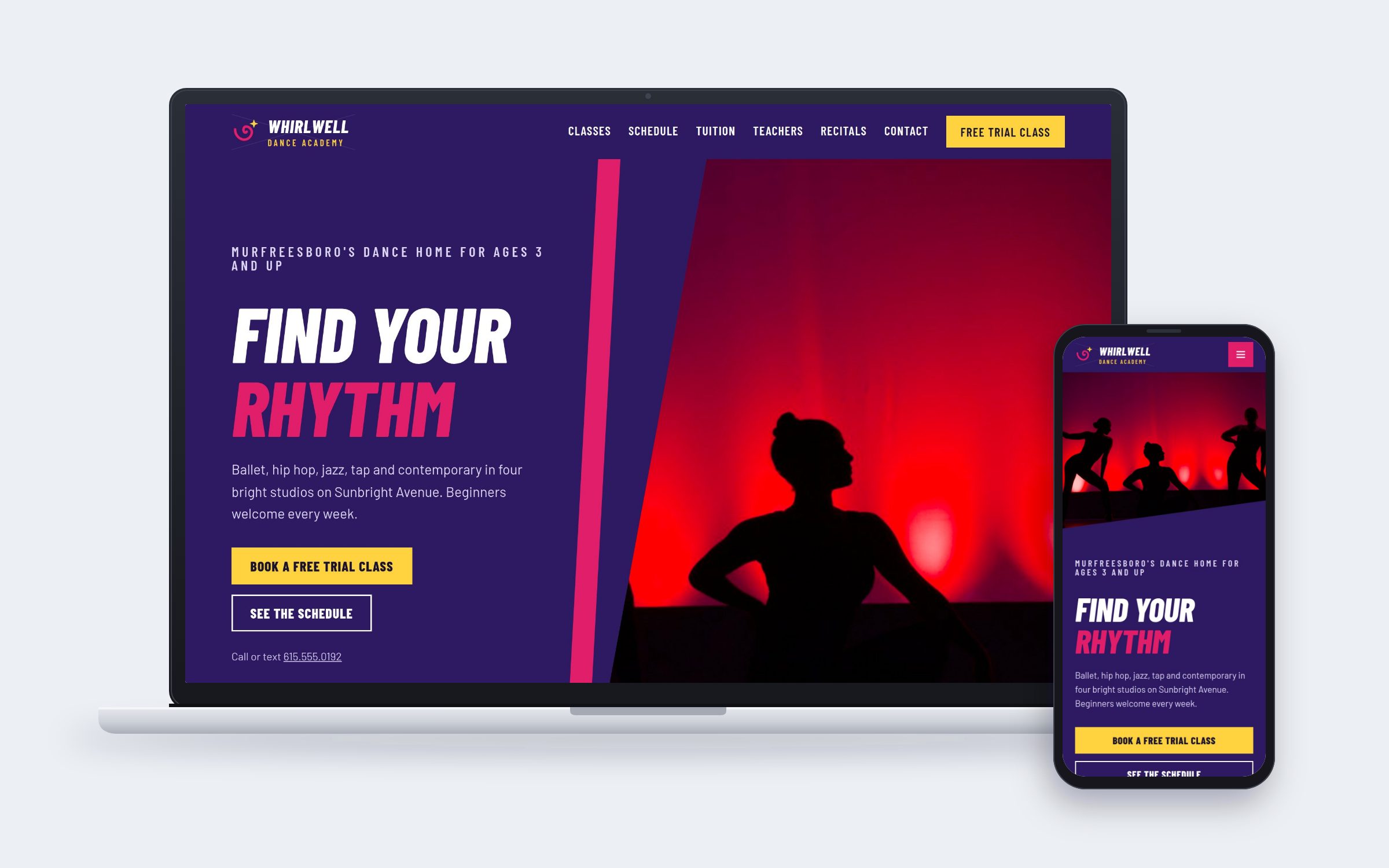Whirlwell Dance Academy website on desktop and mobile