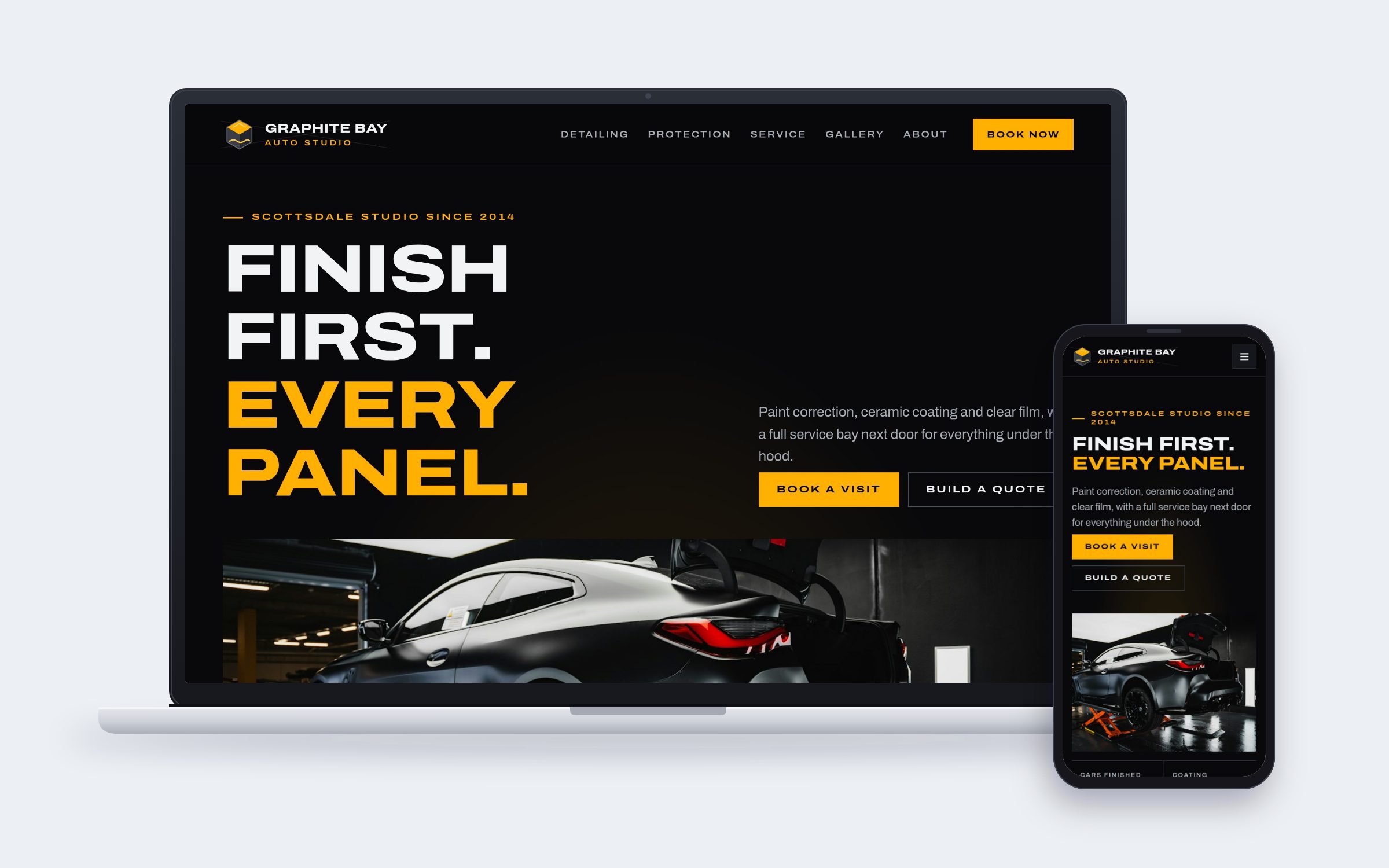 Graphite Bay Auto Studio website on desktop and mobile devices