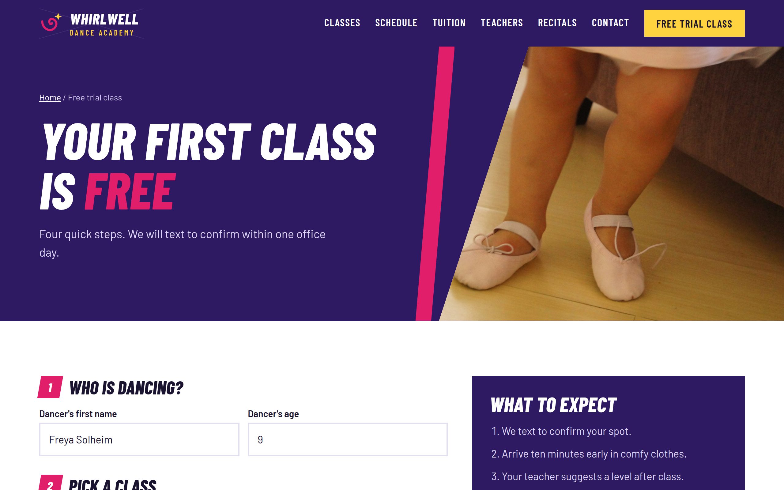 Whirlwell Dance Academy trial page