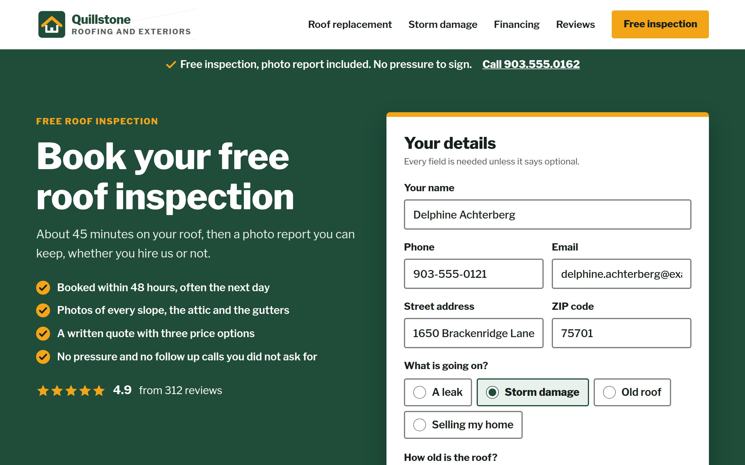 Quillstone Roofing and Exteriors free inspection request page